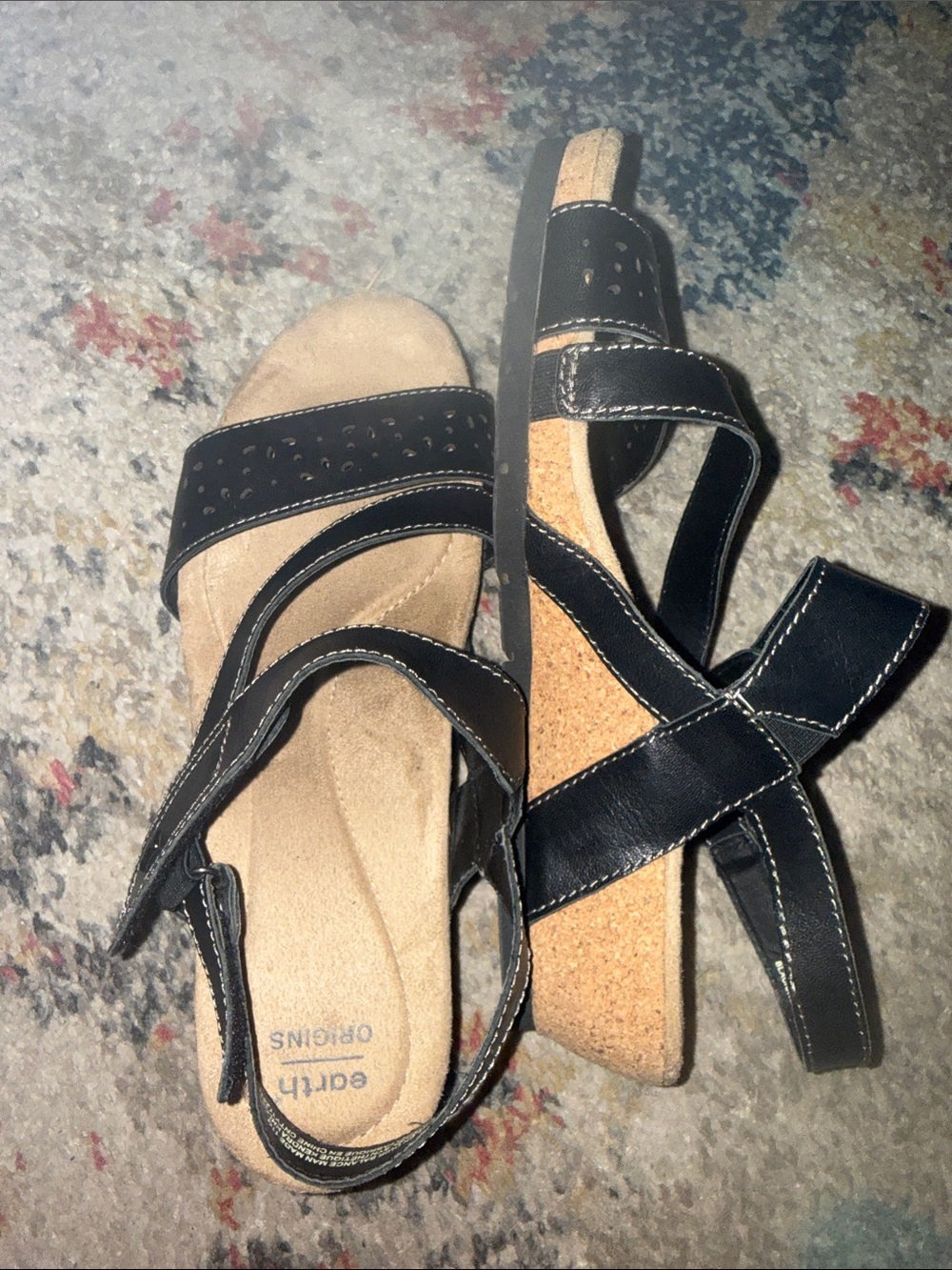 Earth Origins Black Cork Wedge Sandals with Adjustable Straps